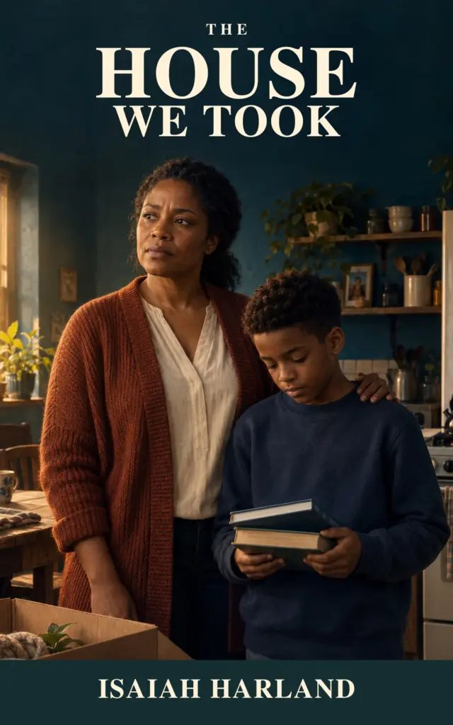 Front cover artwork for The House We Took by Isaiah Harland, contemporary fiction novel published by Llan Books, showing Lenora Doss with her son Eli at Mill Court apartments