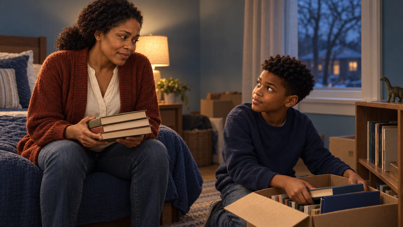 Lenora Doss reassuring eleven-year-old Eli on the edge of his bed as they unpack books in apartment 2B at Mill Court