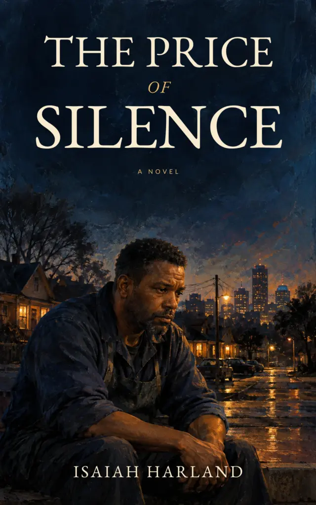 Cover of The Price of Silence by Isaiah Harland, painted portrait of Marcus Bell seated on a curb at twilight against city lights
