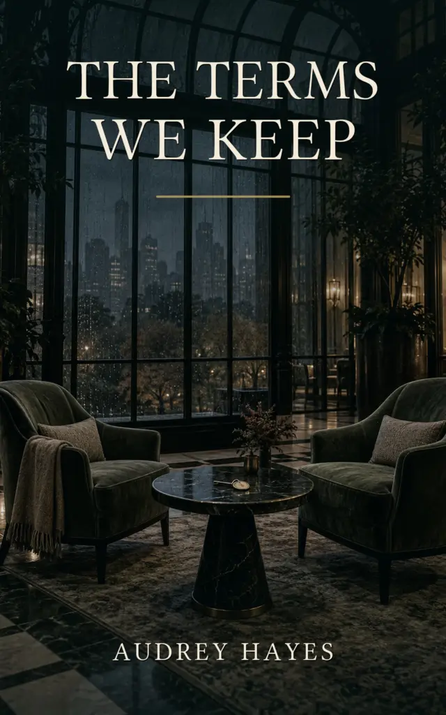 Cover of The Terms We Keep by Audrey Hayes, featuring a rain-dark luxury hotel conservatory and brass key